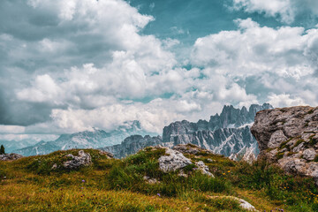 panoramic view of the Dolomites with beautiful weather clouds , Italy.