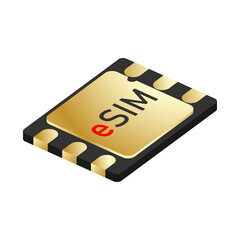 Gold esim card 6g. Isometric vector illustration of a smartphone network embedded chip. New mobile phone connect technology of the future.