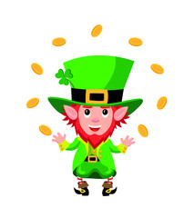 Cute cartoon style illustration of leprechaun juggling gold coins