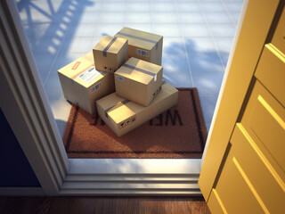 Online purchase delivery service concept. Cardboard parcels boxes delivered outside the door. Parcels on the door mat and open entrance door. 3d rendering