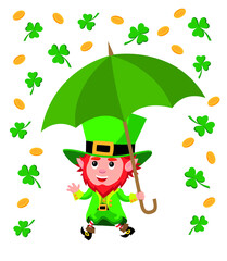 Cute cartoon style illustration of leprechaun carrying green umbrella