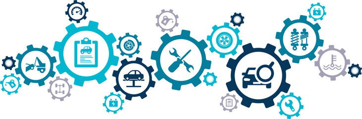 Car / auto repair vector illustration. Concept with icons related to car service and inspection, motor check, oil change, automotive maintenance, vehicle or automobile repair shop.