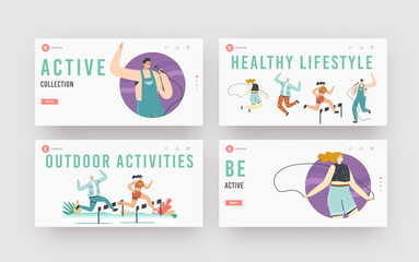 Healthy Lifestyle Landing Page Template Set. Characters Active Life, Sport, Hobby Activity Karaoke, Parachuting, Racing