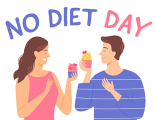 Young man and woman with cupcake. International No diet day. Happy character on white background. Vector illustration in flat style.
