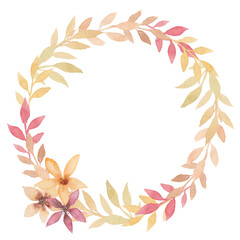 Watercolor spring wreath of colorful leaves and flowers, made in gentle and warm colors, isolated on a white background
