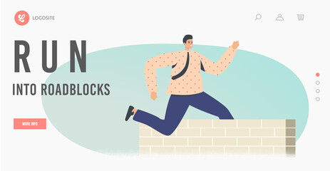 Obraz premium Leadership Competition, Challenge, Obstacles Overcoming Landing Page Template. Business Man Character Jumping over Wall