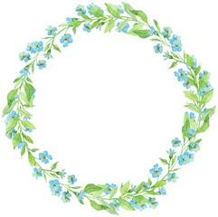 Watercolor wreath with forget-me-not flowers. Spring little blue flowers. Circle frame. Easter template