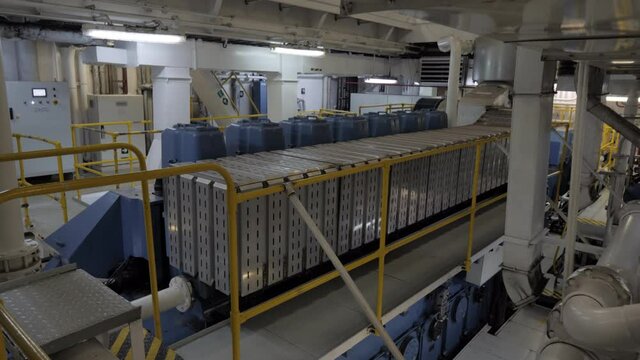 Main engine in engine room of small ship