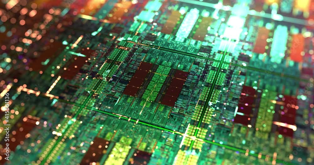 Poster central computer processors cpu die shot. artificial intelligence ai and microchip circuit concept. 