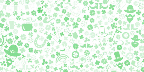 Background on St. Patrick's Day made of clover leaves and other symbols in green colors