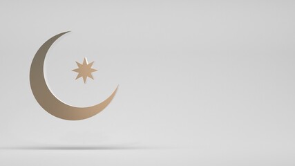 Gold crescent, gold star. White background. Ramadan. Muslim holiday. Festive rectangular banner. 3d render.