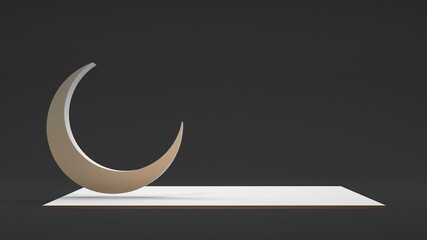 Obraz na płótnie Canvas Gold crescent, white rectangular podium. Stands for demonstration of products and goods. Black background. Ramadan. Muslim holiday. Festive rectangular banner. 3d render. 