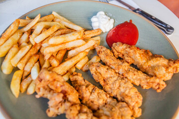 Meal in Dominican Republic. French fries with pechurina (chicken strips)