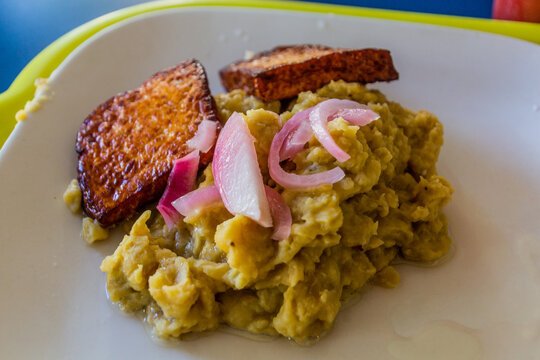 Meal In Dominican Republic - Fried Cheese With Mangu (mashed Plantains)