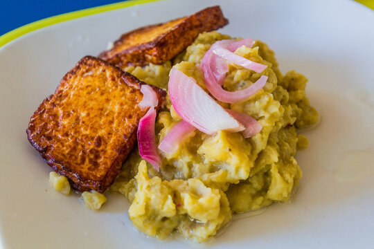 Meal in Dominican Republic - fried cheese with mangu (mashed plantains)