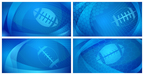 Set of four rugby backgrounds with big ball in blue colors