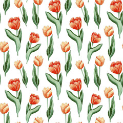 Watercolor tulips pattern, spring flowers background, seamless digital paper.