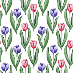 Watercolor tulips pattern, spring flowers background, seamless digital paper.