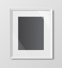 Empty realistic white frame on white walls. Template with transparency. Minimalistic style. Vector illustration