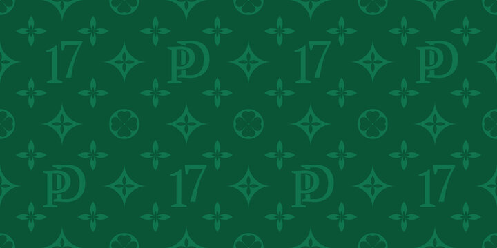 St. Patrick's Day vector seamless pattern, background from green four-leafed numbers 17, abbreviation PD. Vector illustration