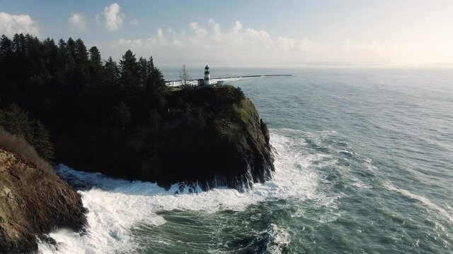 Drone Flying Over Crashing Waves to Cape Disappointment Lighthouse