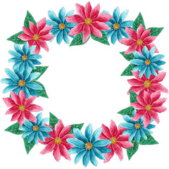 Watercolor Spring Wreath, floral wreath with pink and blue flowers, isolated on white background.