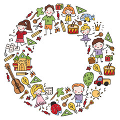 School, kindergarten with cute vector children. Dancing, singing, painting, online education. Creativity and imagination.