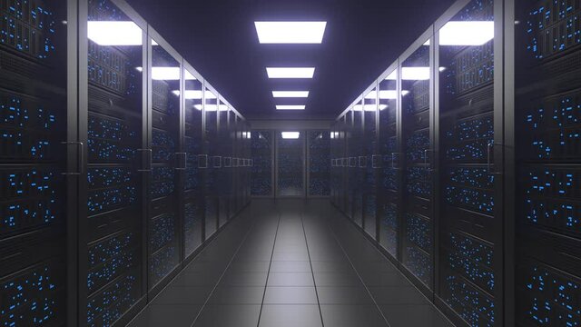 Modern server room 3d animation. Cloud technology, big data or digital age concepts