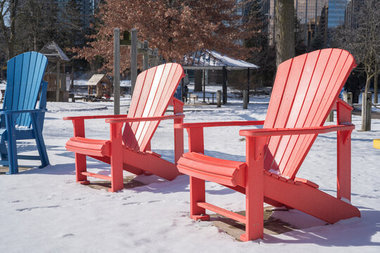 Beautiful Colorful Chairs At The Park In Winter Ontario Canada