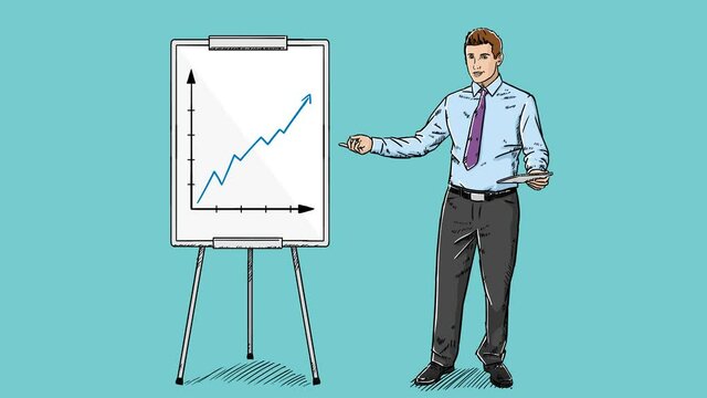 Sketch style colored doodle animation of businessman showing corporate growth on flipchart. Growth is animated line. Talking animation and gesturing is in easy to edit loop.