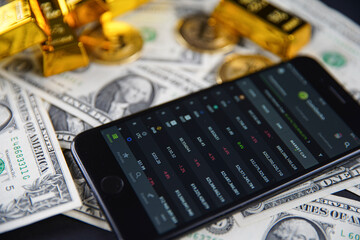 Smartphone application. CoinGecko logo on phone screen close up. On the table in the background American money, bitcoin and shiny gold bars. Budapest, Hungary - February 10, 2021