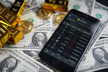 Smartphone application. CoinGecko logo on phone screen close up. On the table in the background American money, bitcoin and shiny gold bars. Budapest, Hungary - February 10, 2021