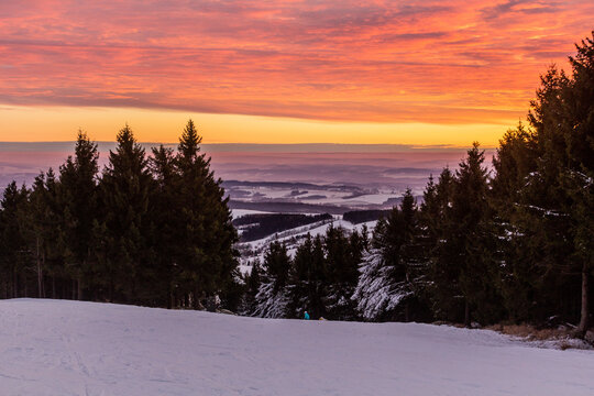 Sunset view of the ski slope of the Ricky v Orlickych horach ski centre, Czech Republic