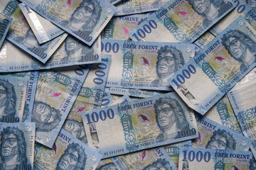 Pile of 1000 Hungarian forint cash Portrait of King M&aacute;ty&aacute;s. Bank image and photo background.