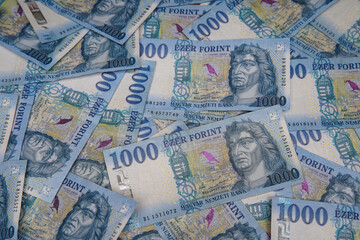 Pile of 1000 Hungarian forint cash Portrait of King Mátyás. Bank image and photo background.