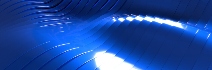 Abstract technological background of blue stripes with smooth curves. 3D rendering