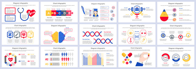 Bundle medical services infographics presentation slides template. Different charts, diagram, workflow, flowchart, healthcare icons, medicine design template. Vector info graphic and infographics set.