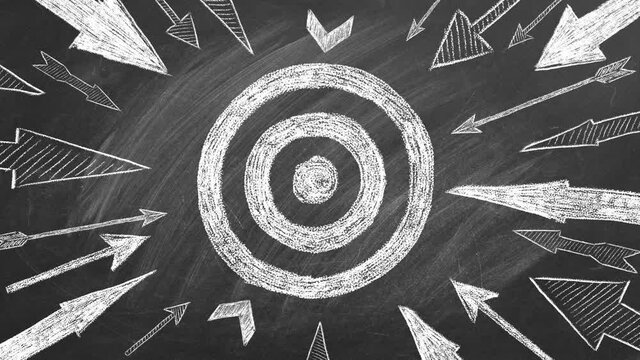 Many different arrows and target drawn in chalk on a blackboard. Concept of competition, strategy, accuracy.