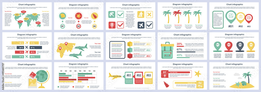 Poster bundle travel vacation infographics presentation slides template. different charts, diagram, workflo