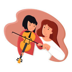 Vector cartoon illustration child who plays violin under supervision teacher. Concept teaching music, schools, studios, conservatories. You can use it in banners, landing pages, social networks, etc.
