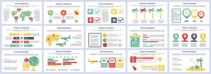 Bundle travel vacation infographics presentation slides template. Different charts, diagram, workflow, flowchart, timeline, schemes, graphs design template. Vector info graphic and infographics set.