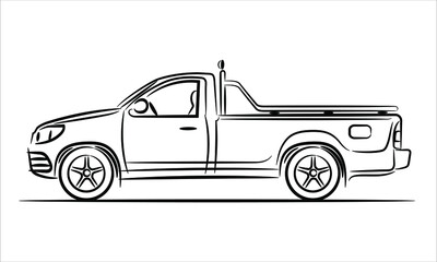 Outline illustration pickup truck, abstract silhouette on white background. Vehicle icons view from side. A hand drawn vector line art. © Art_freeman