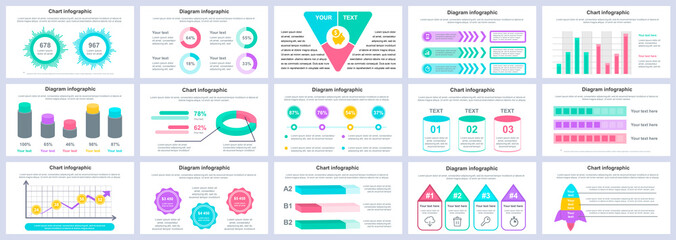 Bundle business and finance infographics presentation slides template. Different charts, diagrams, workflow, flowchart, timeline, schemes design template. Vector info graphic and infographics set.