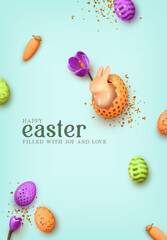 Happy Easter day. Festive background design with realistic colorful eggs, easter bunny, rabbit in an egg. Gold glitter confetti. Holiday Banner and web poster, flyer and brochure. Vector illustration