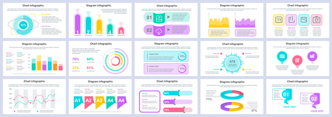 Bundle business and finance infographics presentation slides template. Different charts, diagrams, workflow, flowchart, timeline, schemes design template. Vector info graphic and infographics set.
