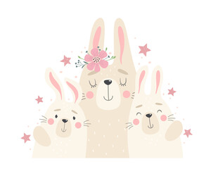 Cute family of rabbits, mom and rabbits. Vector illustration in cartoon flat style.