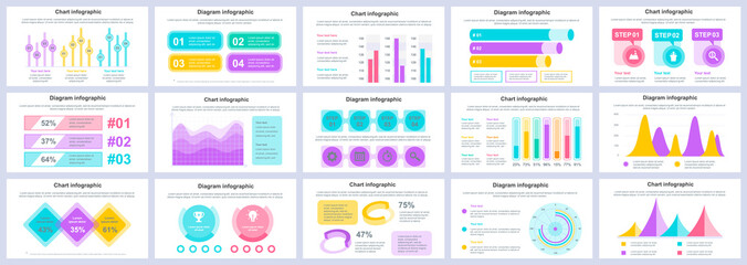 Bundle business and finance infographics presentation slides template. Different charts, diagrams, workflow, flowchart, timeline, schemes design template. Vector info graphic and infographics set.