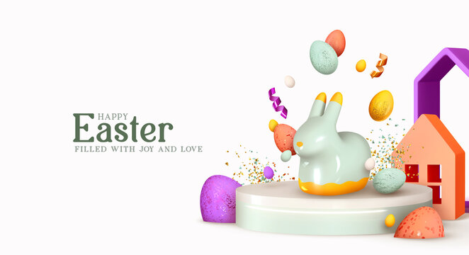 Happy Easter. Design Rabbit with Eggs. Festive spring 3d composition. Realistic stage, podium, holiday studio. Minimal background. Modern Creative template. Banner and poster, cover and brochure