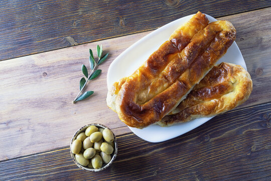 Balkan cuisine. Burek with meat -  popular national dish. Copy space