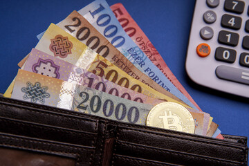 Several Hungarian forint paper money denominations, with a calculator on a blue background and a gold bitcoin digital cryptocurrency coin, in a wallet. Bank image and photo.